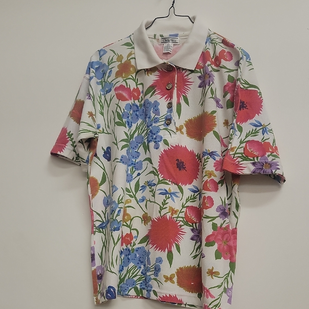 Christina Red and Blue Polo Shirt Vibrant Floral Design XL 1X